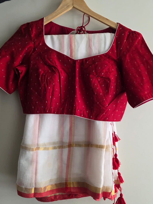 Red & Gold Stripe Kerala Mul Cotton Saree | With Princess Cut Blouse