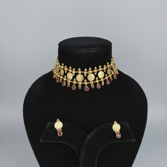 Antique Coin Nagapadam Choker with Ear Studs - Traditional Kerala Jewellery Set