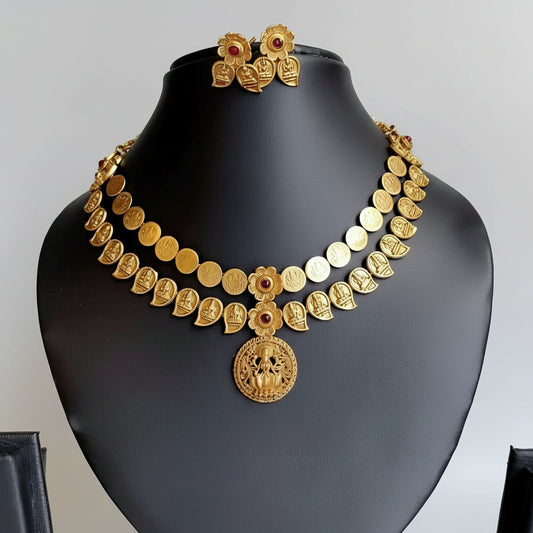 Antique Lakshmi Coin Mango Necklace with Earrings - Traditional Temple Jewellery Set