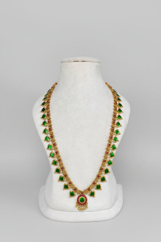 Long Antique Gold Emerald & Ruby Mango Haaram with Floral Pendant