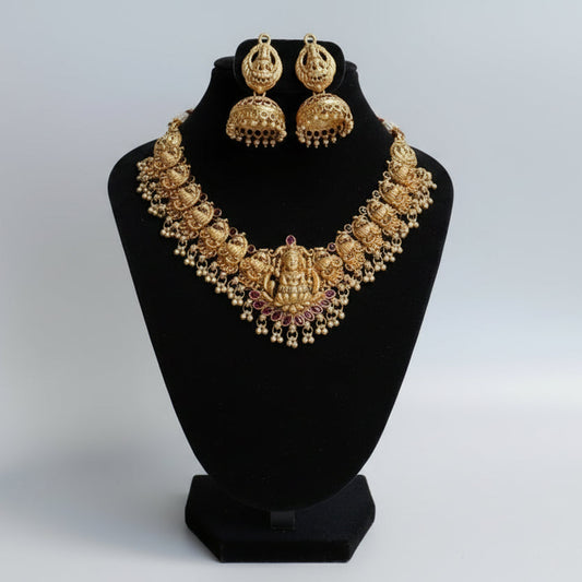 Antique Lakshmi Necklace with Jhumka - Divine Temple Jewellery Set