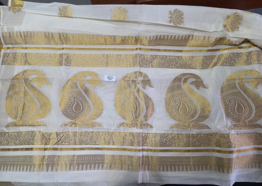 Ready to wear Kerala Cotton saree with lotus motifs with stitched blouse.