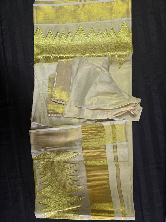 Kerala Tissue saree with sound wave design with stitched blouse.