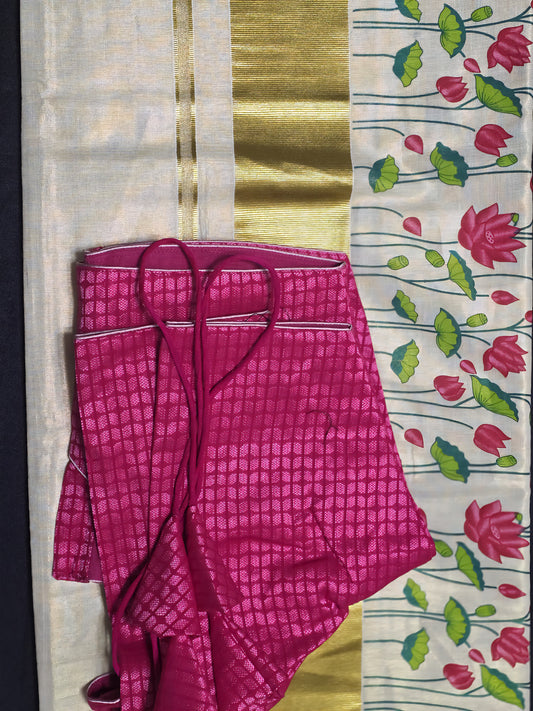 Kerala tissue saree with VALLITHAMARA design with stitched blouse.