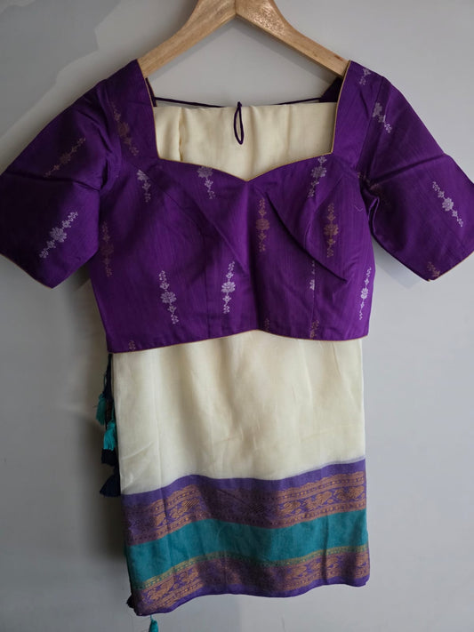 Cream Kerala Mulcotton Saree | Purple & Sea Green Kanchi Border | With Princess Cut Blouse