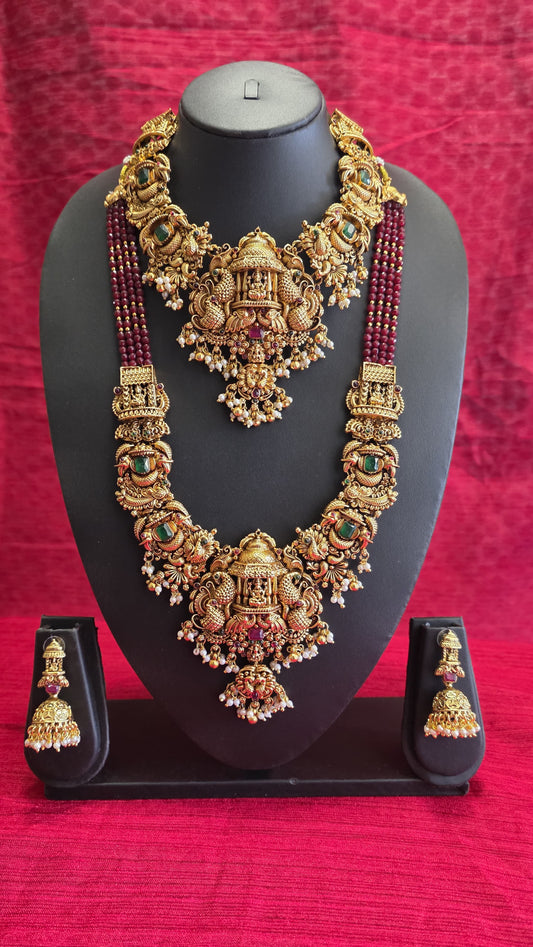 Antique Gold Temple Bridal Jewellery Set – Haaram, Necklace & Jhumka Earrings