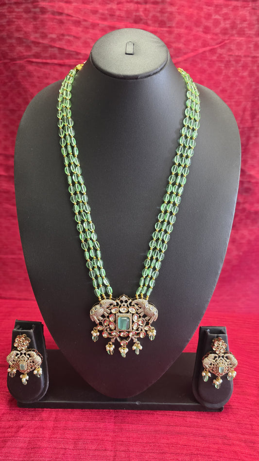 Long Mint Green Beaded Haaram with Victorian Elephant Pendant & Earrings
