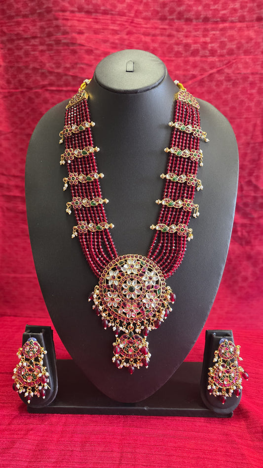 Long Ruby Red Multi-Strand Haaram with Polki Floral Pendant & Earrings