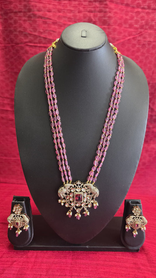 Long Thulian Pink Oval Beaded Haaram with Victorian Pendant & Earrings