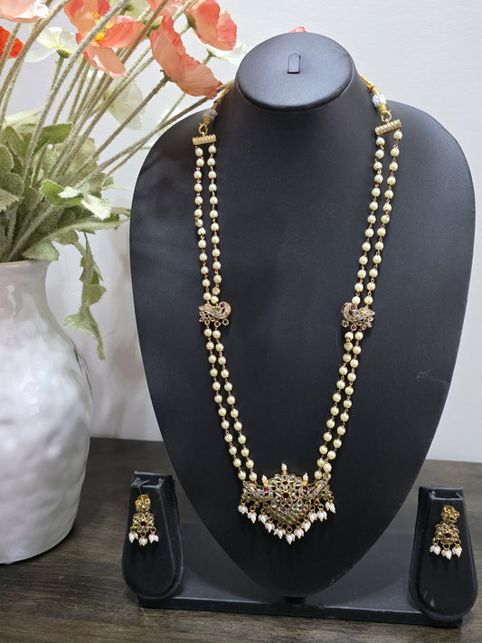 Long Pearl & AD Stone Haaram with Peacock Motifs & Earrings
