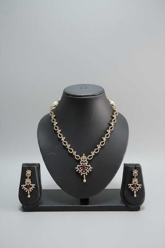 AD Chandelier Necklace & Earring Set – White & Ruby