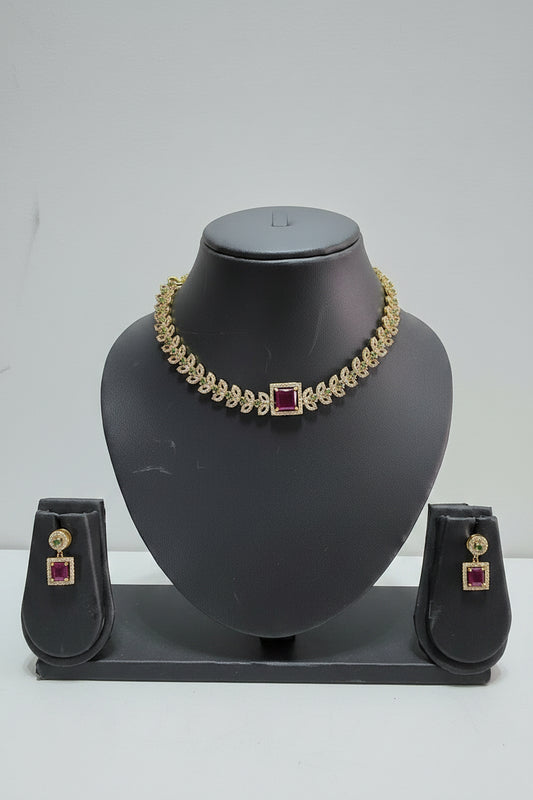 AD Leaf Necklace & Earring Set with Ruby Centre Stone