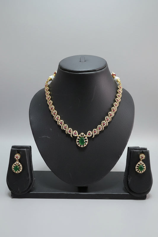 AD Emerald Green Necklace & Earring Set with Ruby Accents