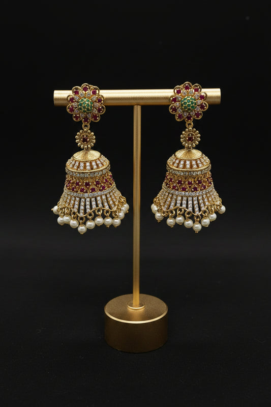 Gold Plated Floral Jhumka with Ruby, Emerald & CZ Stones and Pearl Drops