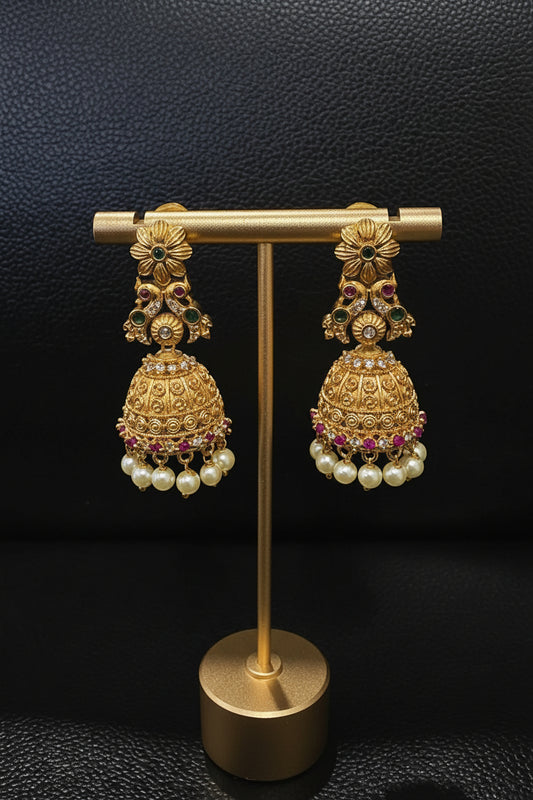 Antique Gold Floral Jhumka with Ruby, Emerald & White Stones and Pearl Drops