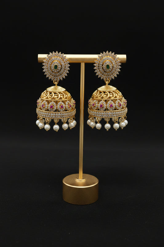 Gold Plated CZ Sunburst Jhumka with Emerald, Ruby & White Stones and Pearl Drops