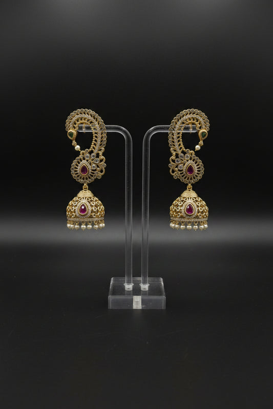 Paisley Ear Cuff Jhumka Earrings – Antique Gold with Ruby, CZ & Pearl Drops