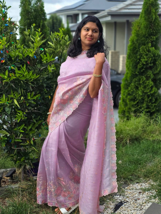 Lavender Crushed Organza Saree with Thread Embroidery & Stitched Blouse | Saree Fall & Pico