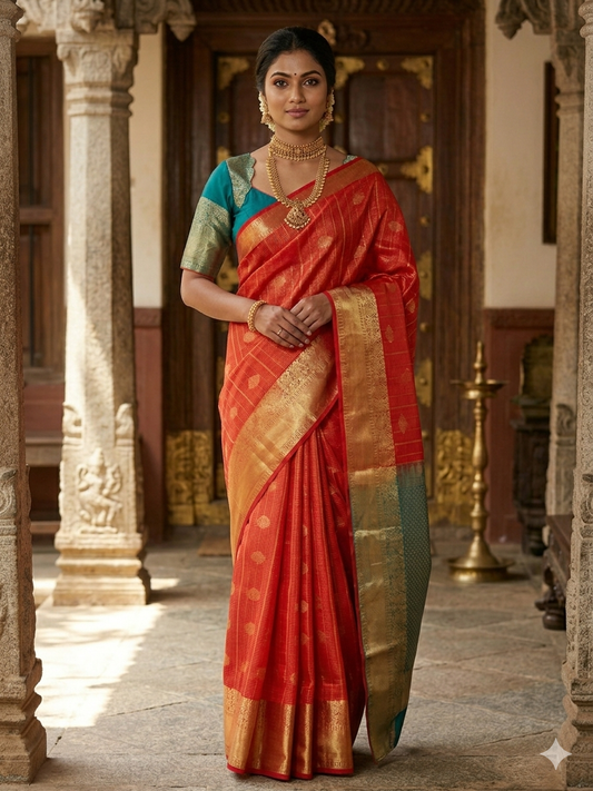 Semi Kanchipuram Silk Saree with Teal Zari Pallu & Blouse