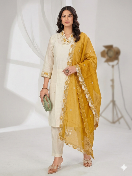 Mulchanderi 3 Piece Set – Embroidered Kurti, Pant & Dupatta