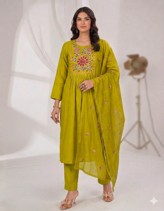 Mulchanderi 3 Piece Set – Embroidered A-Line Top, Pant & Dupatta