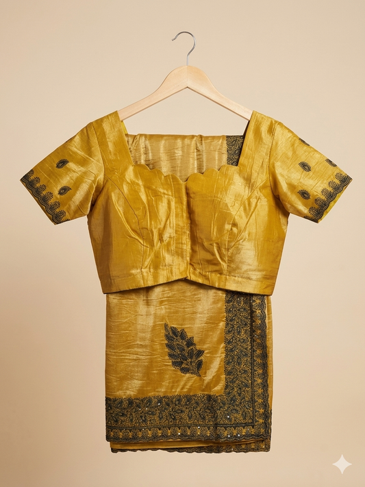 Mustard Gold Organza Saree with Embroidered Border & Stitched Blouse – Ready to Wear
