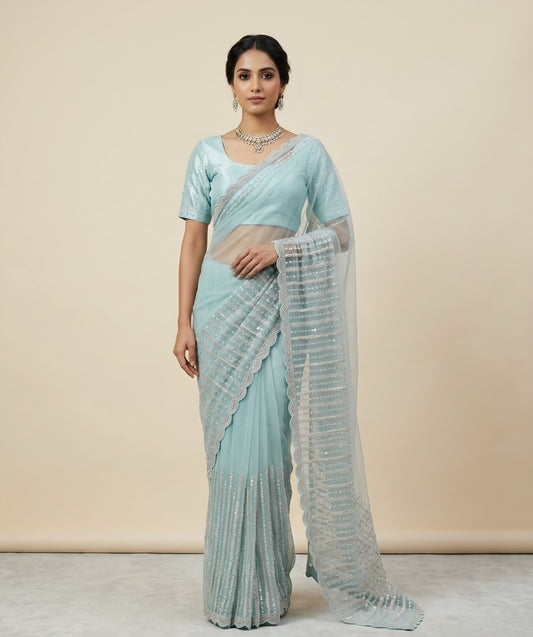 Cyan Premium Soft Net Partywear Saree with Stitched Blouse
