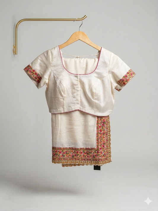 Ivory Crepe Saree with Embroidered Border & Stitched Blouse – Ready to Wear