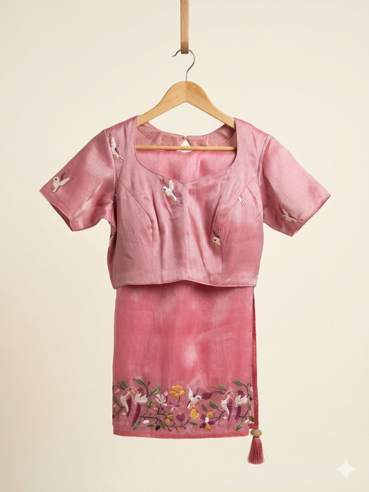 Dusty Rose Soft Net Saree with Bird & Floral Embroidery & Stitched Blouse – Ready to Wear