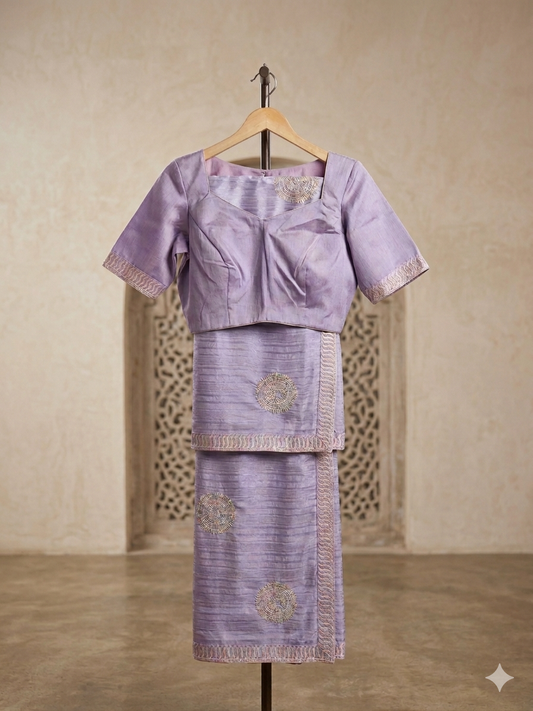 Lavender Chiffon Georgette Saree with Gold Machine Embroidery & Stitched Blouse – Ready to Wear