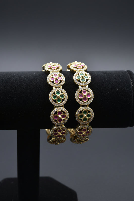 Gold Floral Cluster Bangles with Ruby, Emerald & CZ Stones – Set of 2