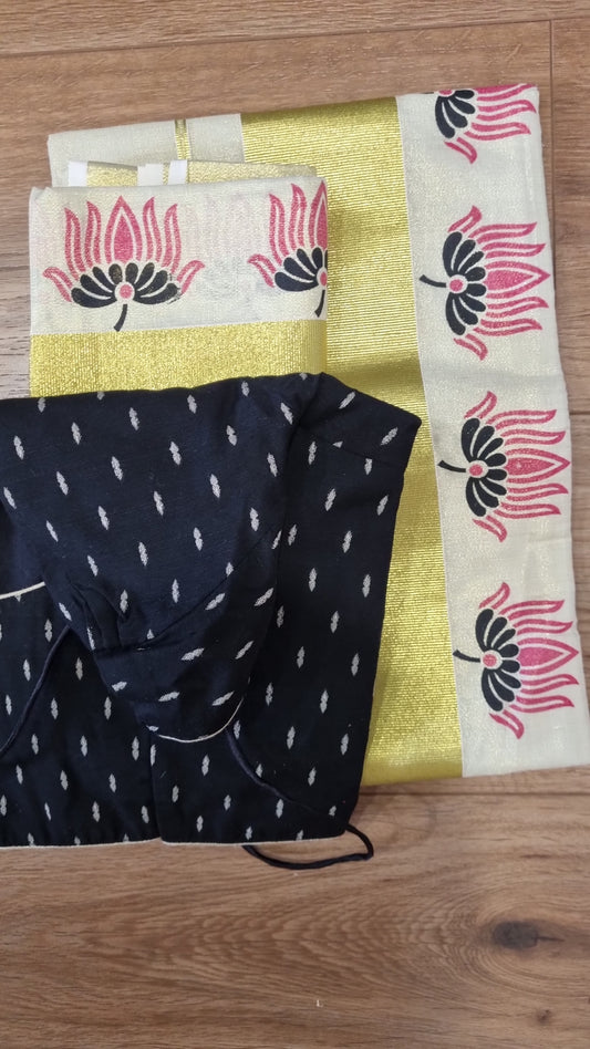 Kerala Tissue Setmundu with ready to wear blouses