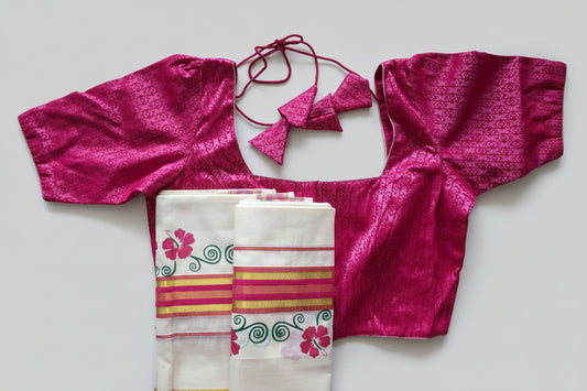 Kerala Cotton Golden Zari Set mundu with ready to wear stitched blouse