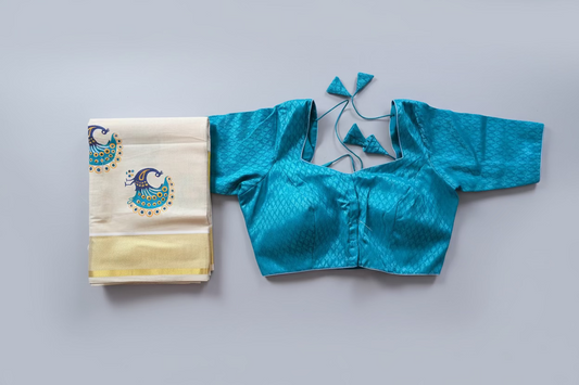 Kerala Tissue Setmundu with ready to wear blouses