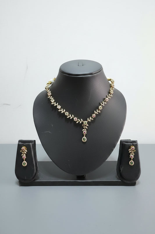 AD Floral Vine Necklace & Earring Set with Emerald Teardrop Pendant
