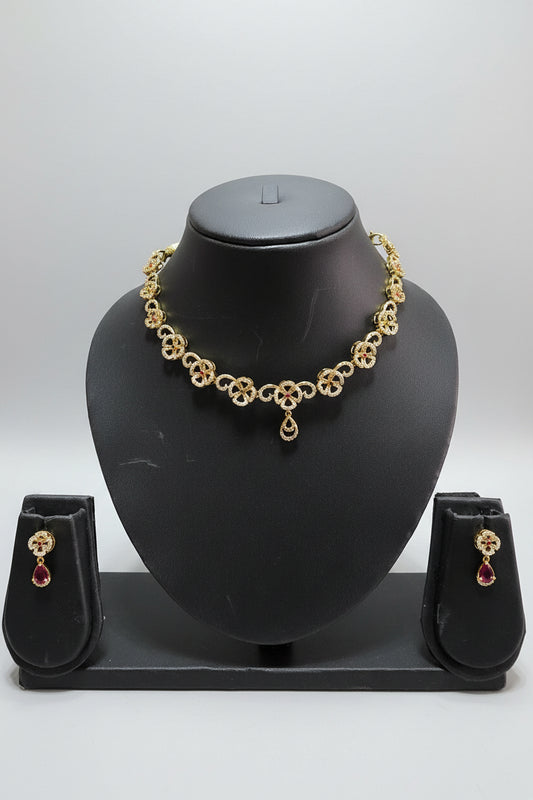 AD Clover Flower Necklace & Earring Set with Ruby Teardrop
