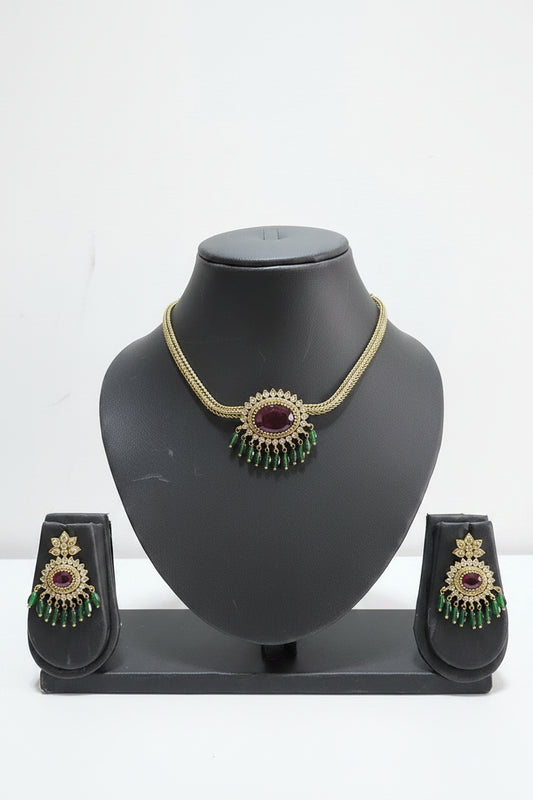 AD Ruby Oval Choker Necklace & Earring Set with Emerald Bead Fringe