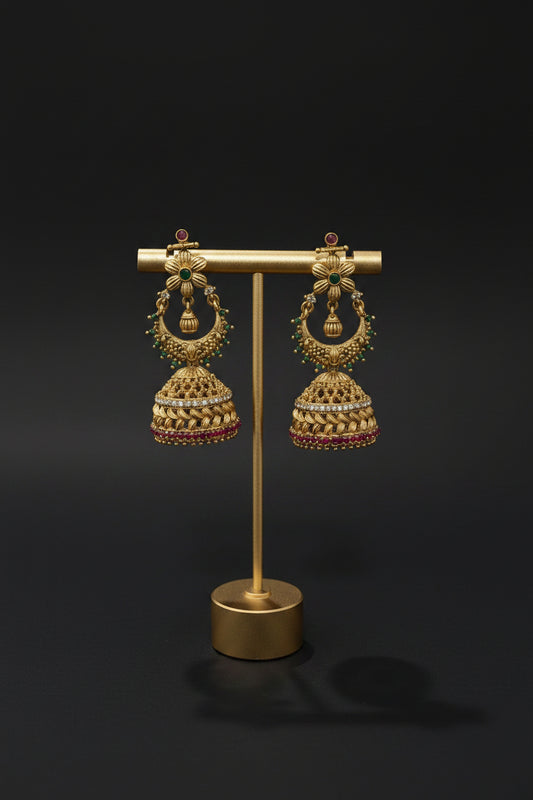Antique Gold Chandbali Jhumka with Ruby, Emerald & CZ Stones