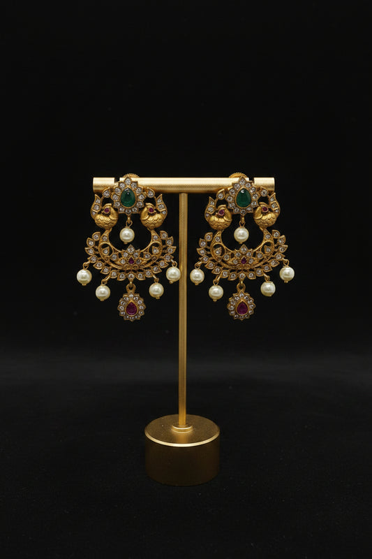 Peacock Chandbali Earrings – Antique Gold with CZ, Emerald & Pearl Drops