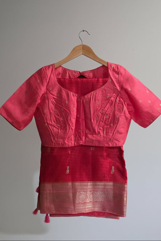 Crepe Silk Saree with Contrast Zari Border, Tassels & Stitched Blouse | Saree Fall & Pico