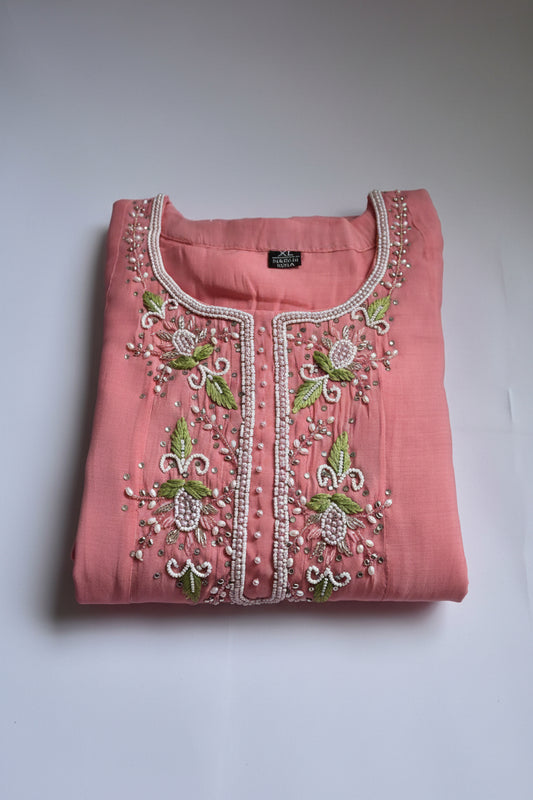Mulchanderi 3 Piece Set – Embroidered Kurti, Pant & Dupatta in Pink & Green