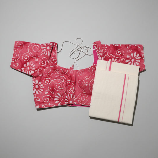 Puliyilakkara Set Mundu with Printed Blouse | Kerala Cotton with Stripe Border