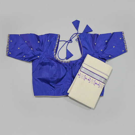 Kerala Cotton Silver Zari Set mundus with ready to wear stitched blouse.