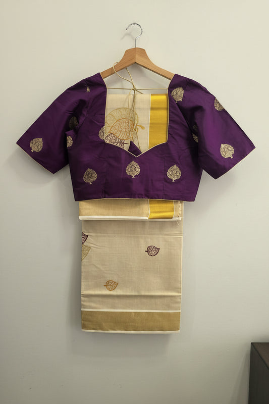 Kerala Tissue Saree with Leaf Machine Embroidery & Ready to Wear Semi Raw Silk Blouse