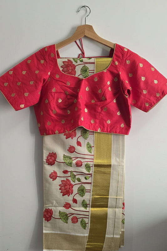 Kerala Tissue Saree with Red Lotus Embroidery & Ready to Wear Semi Raw Silk Blouse