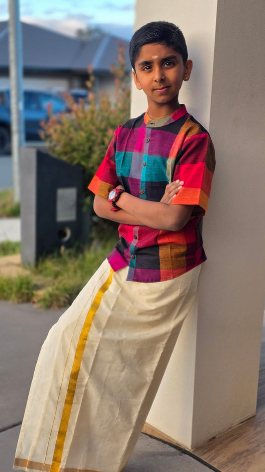 Boys Madras Kattan Mandarin Collar Shirt – Festive Wear