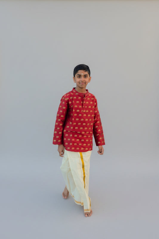 Semi Raw Silk Mandarin Collar Boys Shirt Kurtha