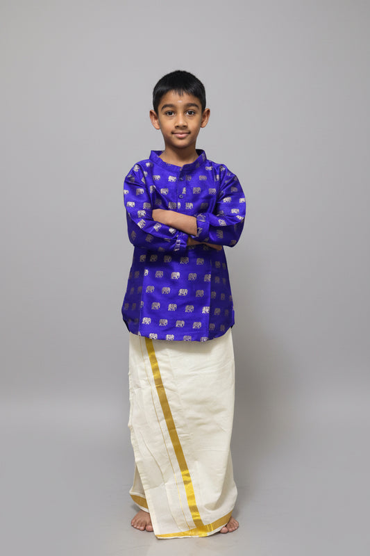 Royal Blue Semi Raw Silk Mandarin Collar Boys Shirt Kurtha