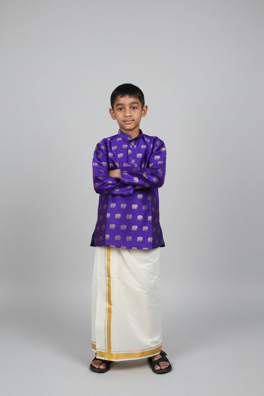 Violet Semi Raw Silk Mandarin Collar Boys Shirt Kurtha
