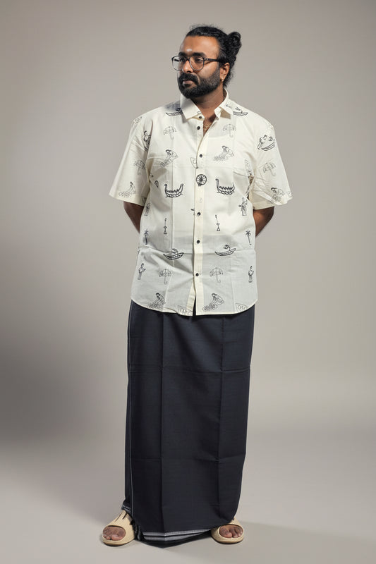 Kerala Theme Printed Off-White Half Sleeve Shirt with Black Single Dhoti Set